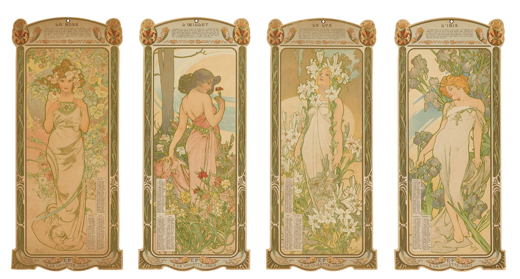ALPHONSE MUCHA (1860-1939). [LES FLEURS] / E • P A LA VIOLETTE. Four panel calendar. 1902. Each 14x6 inches, 36x16 cm.